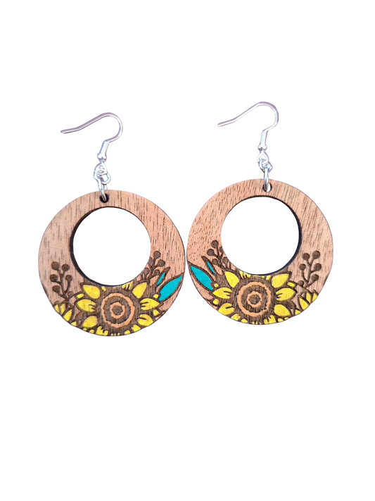 Wooden hand painted sunflower earrings - 4 shapes to choose from
