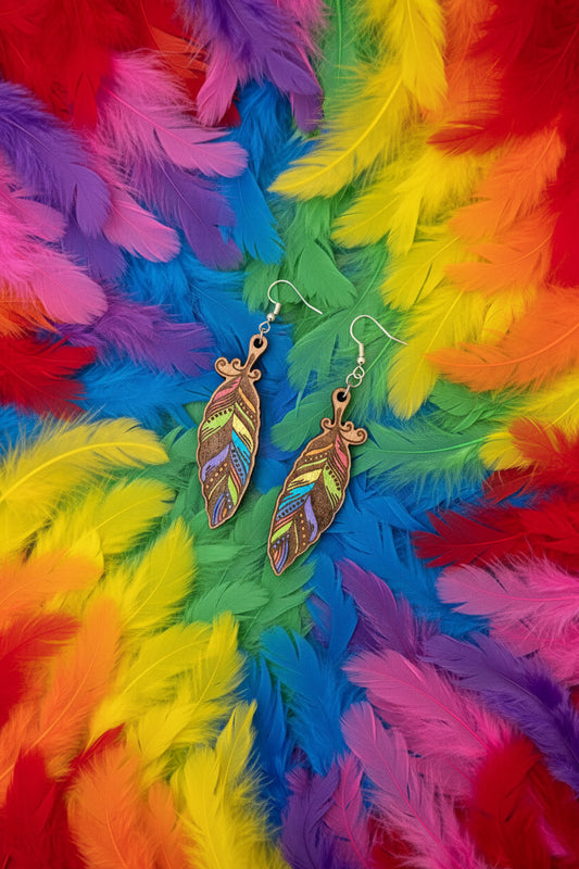 Handcrafted Wooden Feather Earrings – Hand Painted Nature Inspired Jewellery