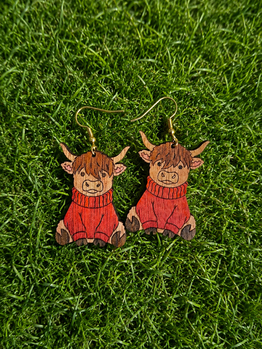 Wooden Highland Cow Earrings