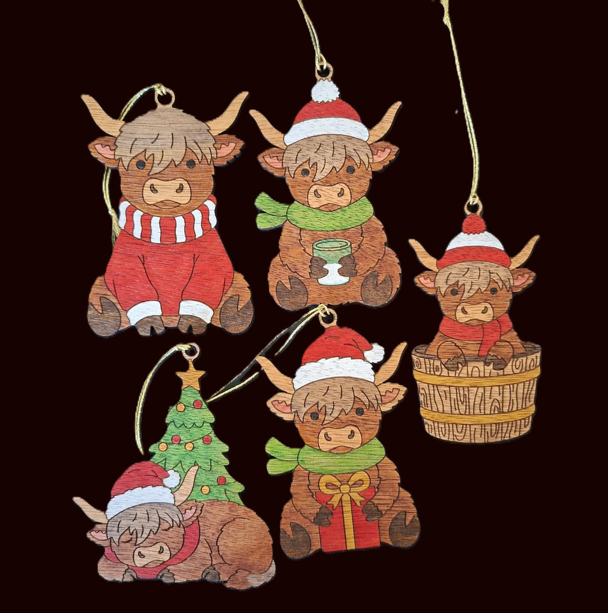 Highland cow - set of five hanging decorations