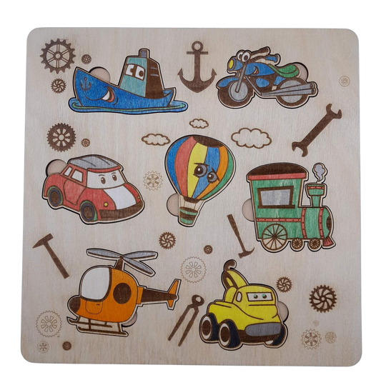 Transport jigsaw puzzle - handmade and painted