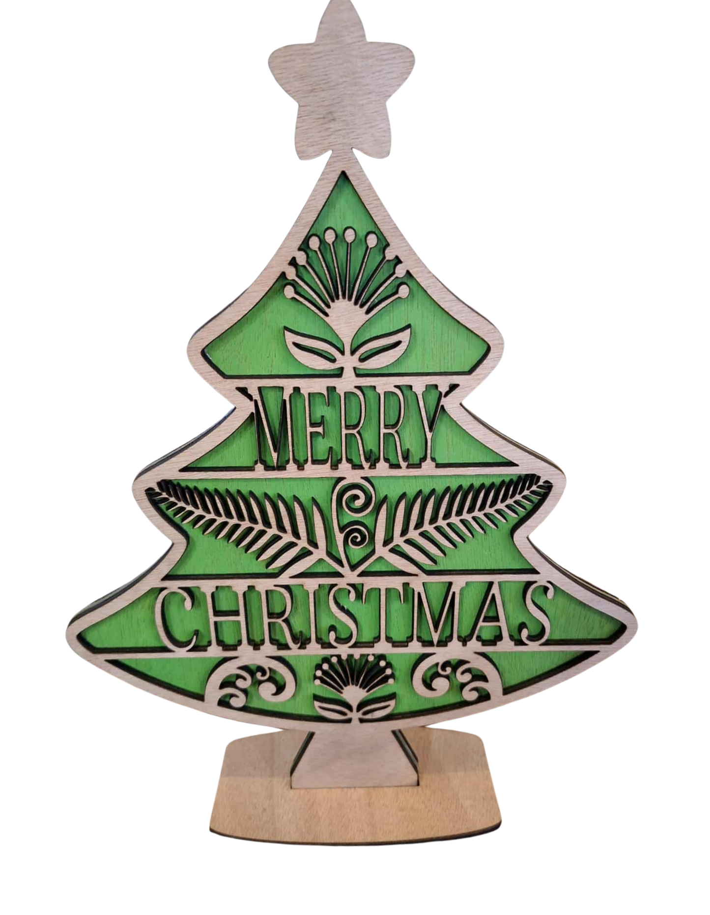 Double sided 30 cm table top tree - Merry Christmas/Meri Kirihimete
