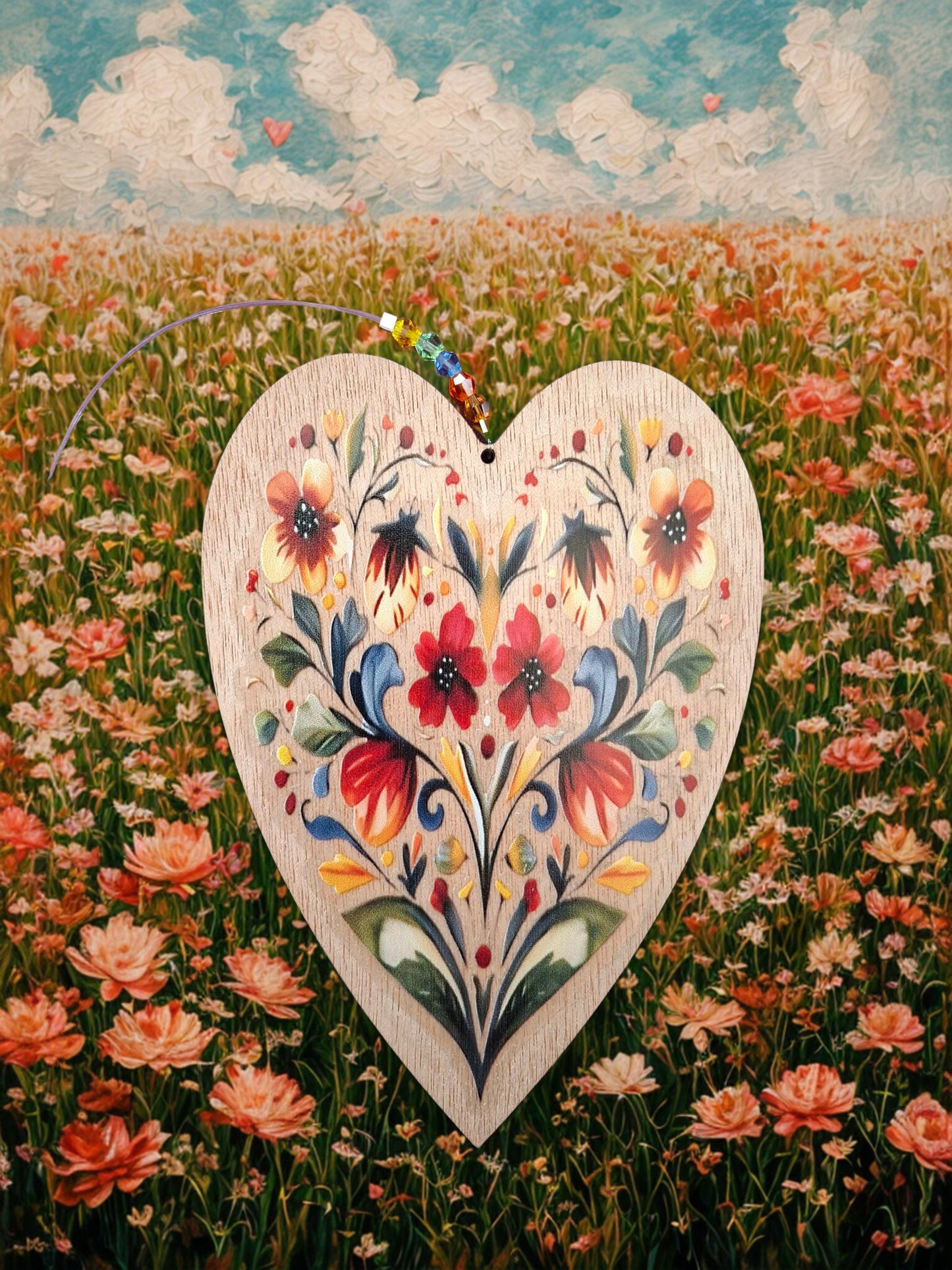 Hanging wooden heart with flowers