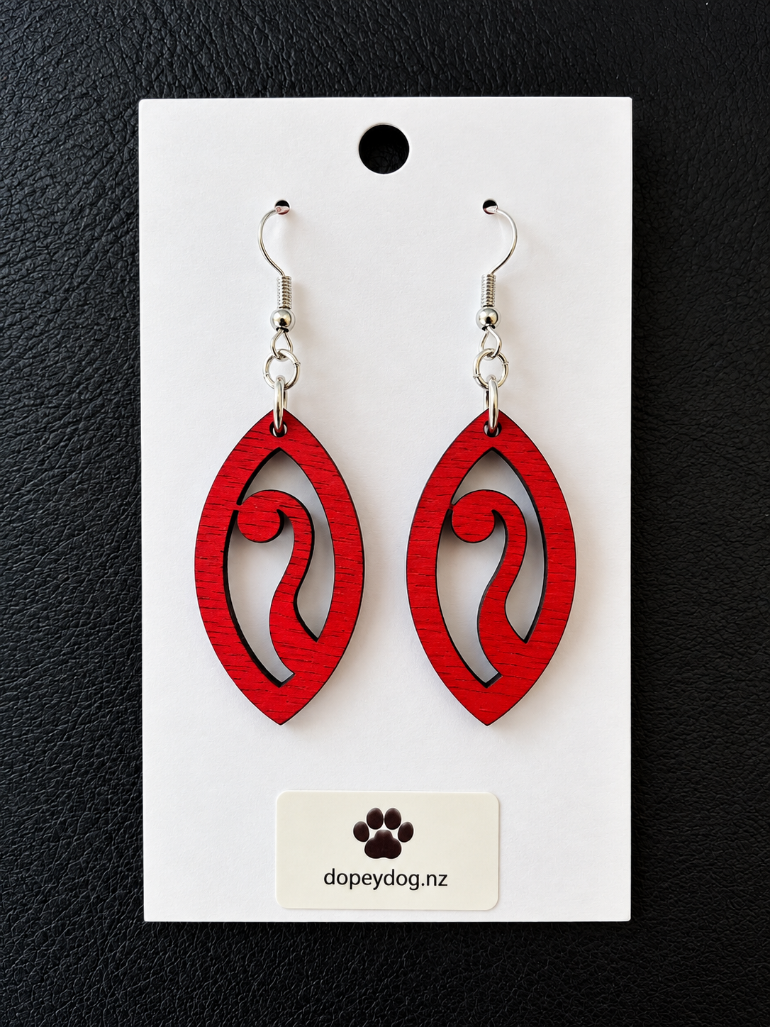 Red Hand-Painted Koru Wooden Earrings   NZ Made