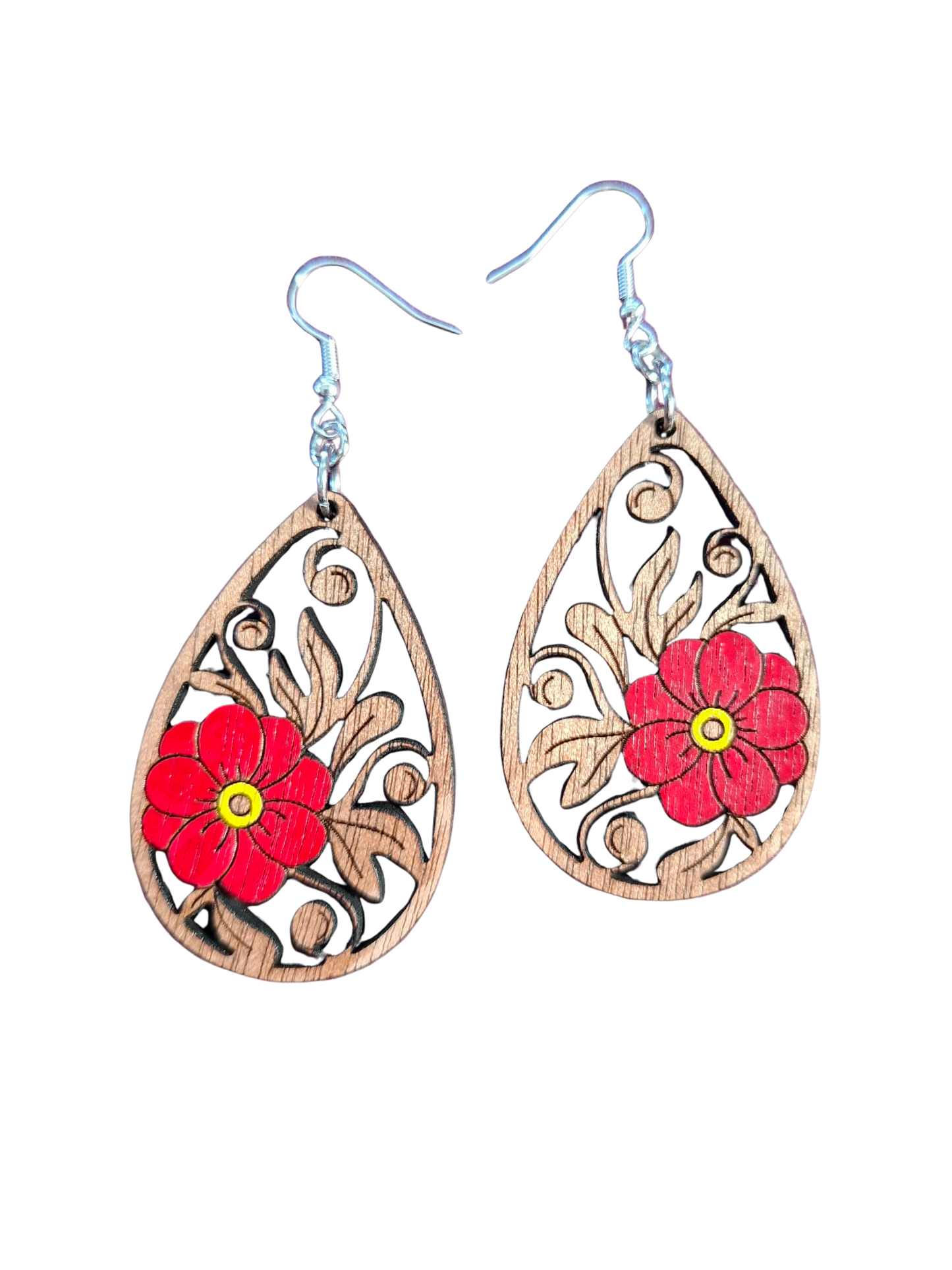 Wooden hand painted flower earrings