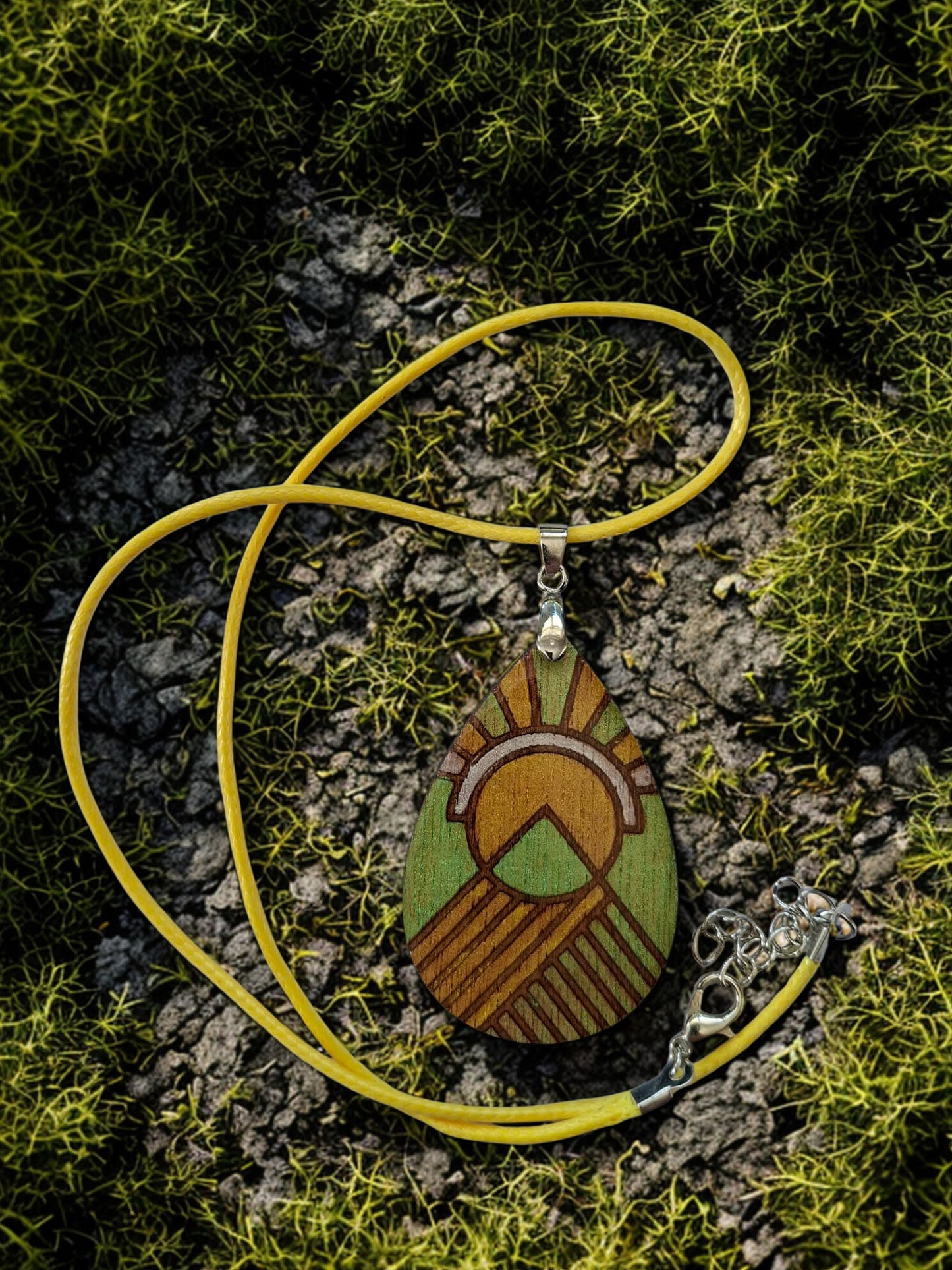 Hand painted wood and resin necklace and cord - green and gold