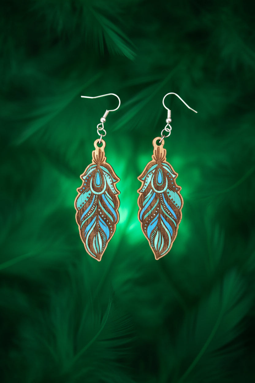 Handcrafted Wooden Feather Earrings – Hand Painted Nature Inspired Jewellery