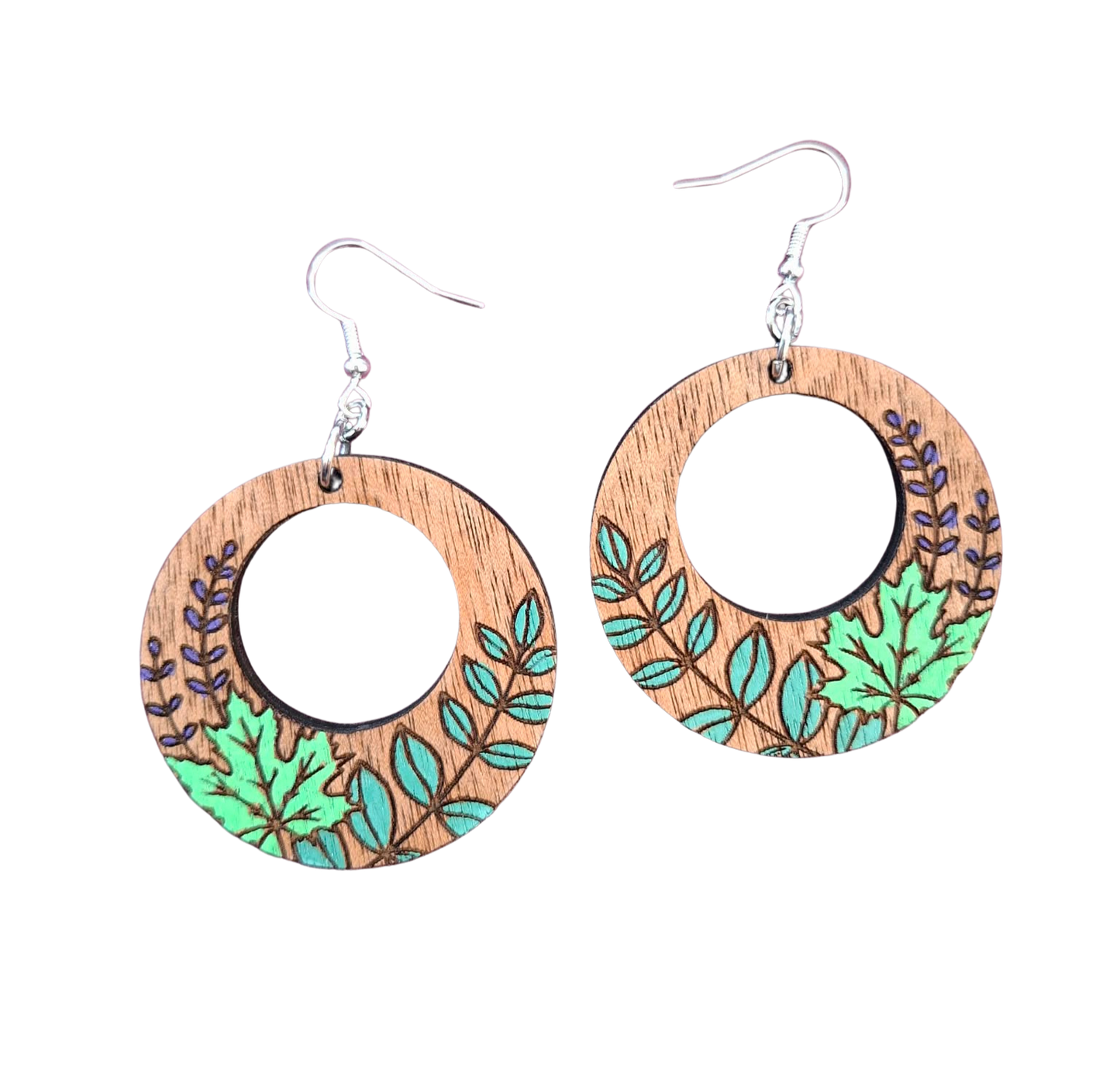 Wooden hand painted foliage earrings - 4 shapes to choose from