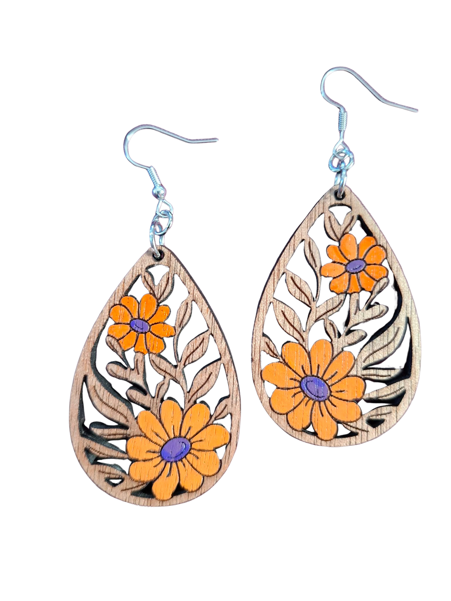 Wooden hand painted flower earrings