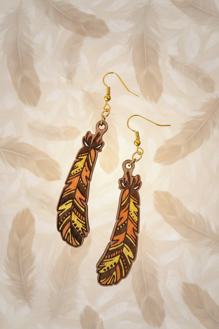 Handcrafted Wooden Feather Earrings – Hand Painted Nature Inspired Jewellery