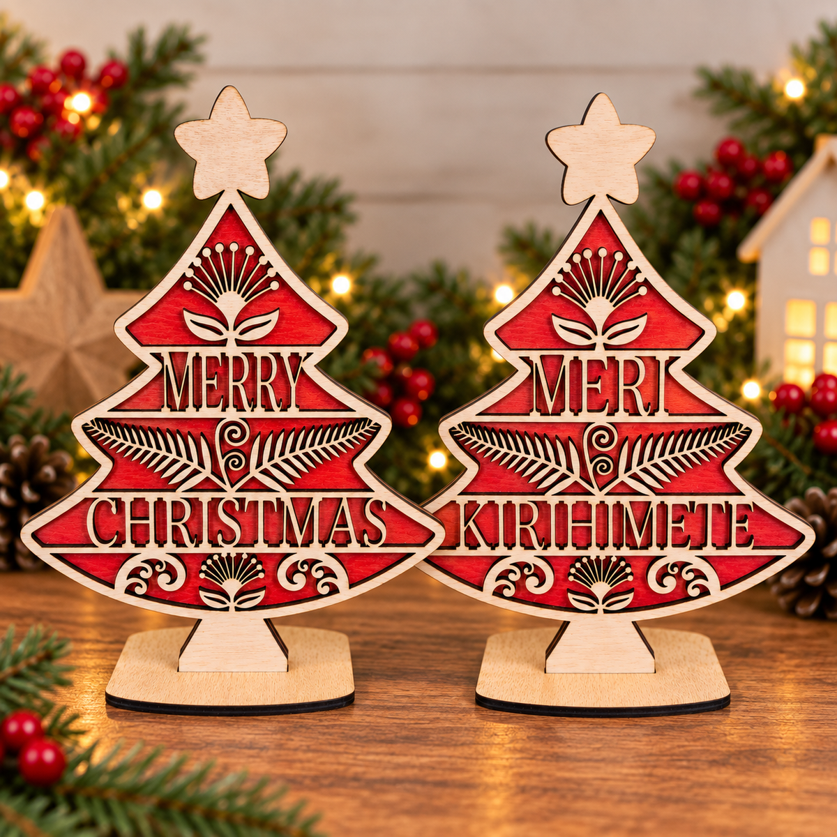 Double sided 30 cm table top tree - Merry Christmas/Meri Kirihimete