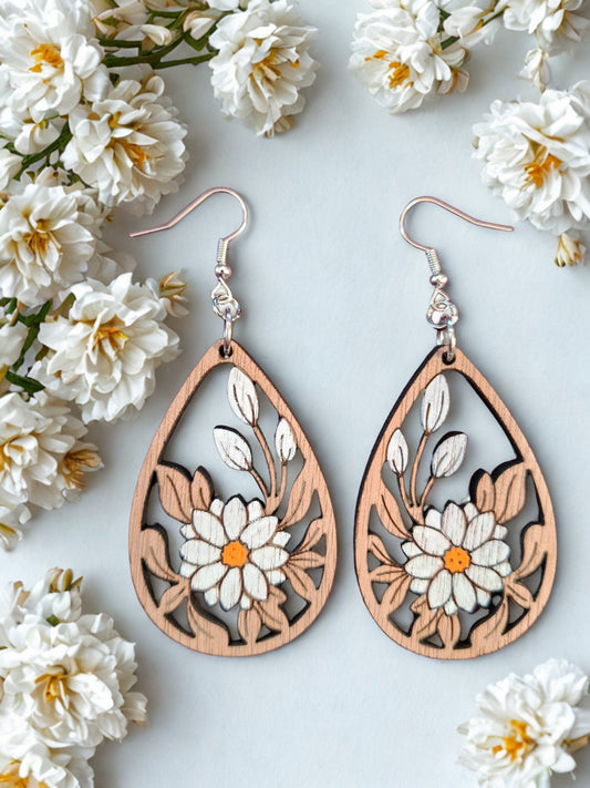 Wooden hand painted flower earrings