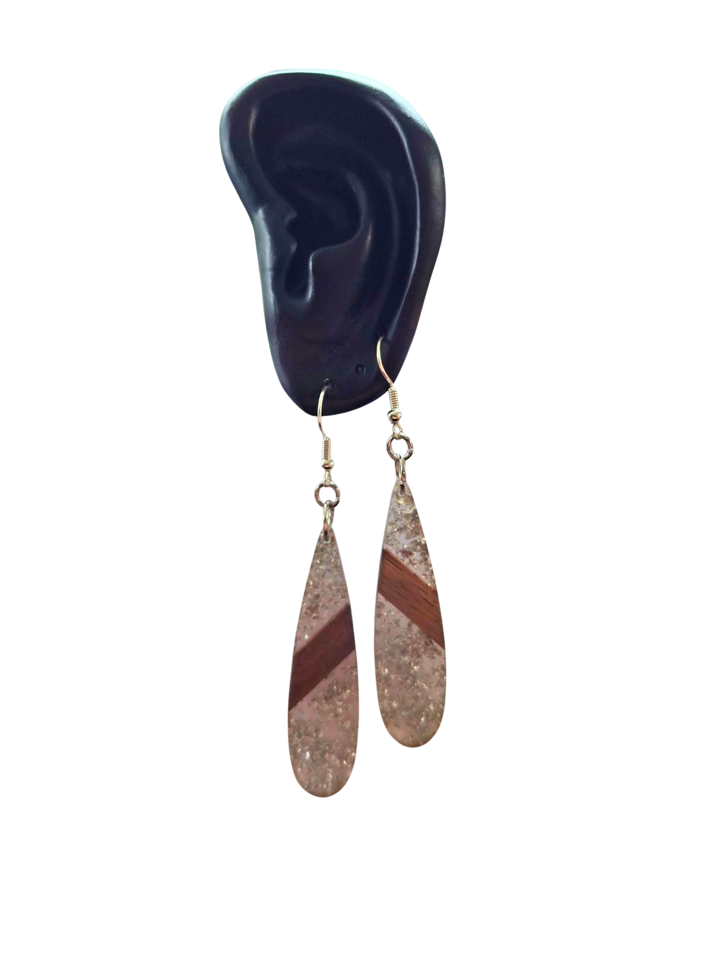 Glittery resin and wood drop earrings - clear