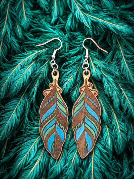 Feather earrings - hand painted wood