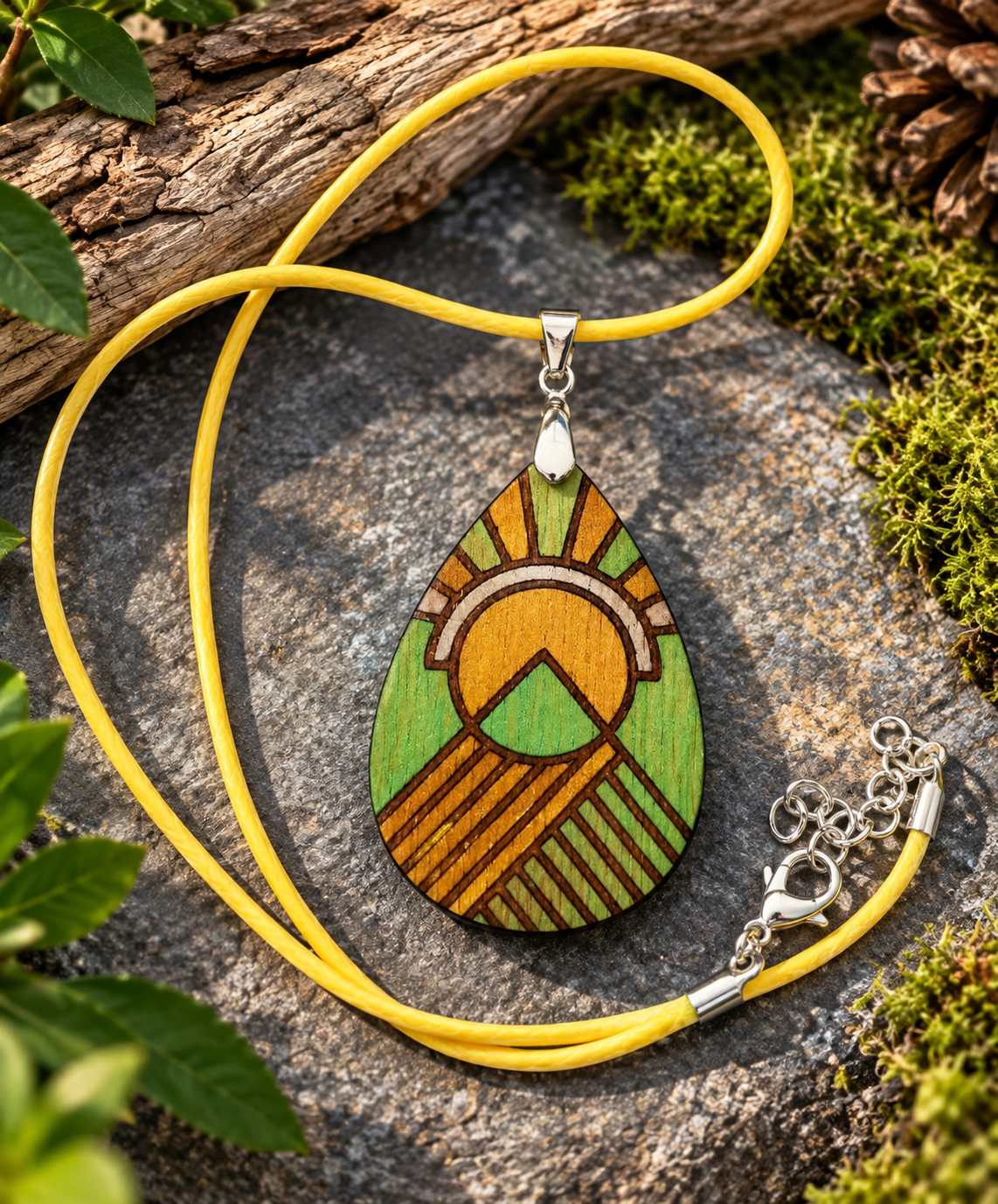 Gold & Green Hand-Painted Wood & Resin Statement Necklace – Made in NZ