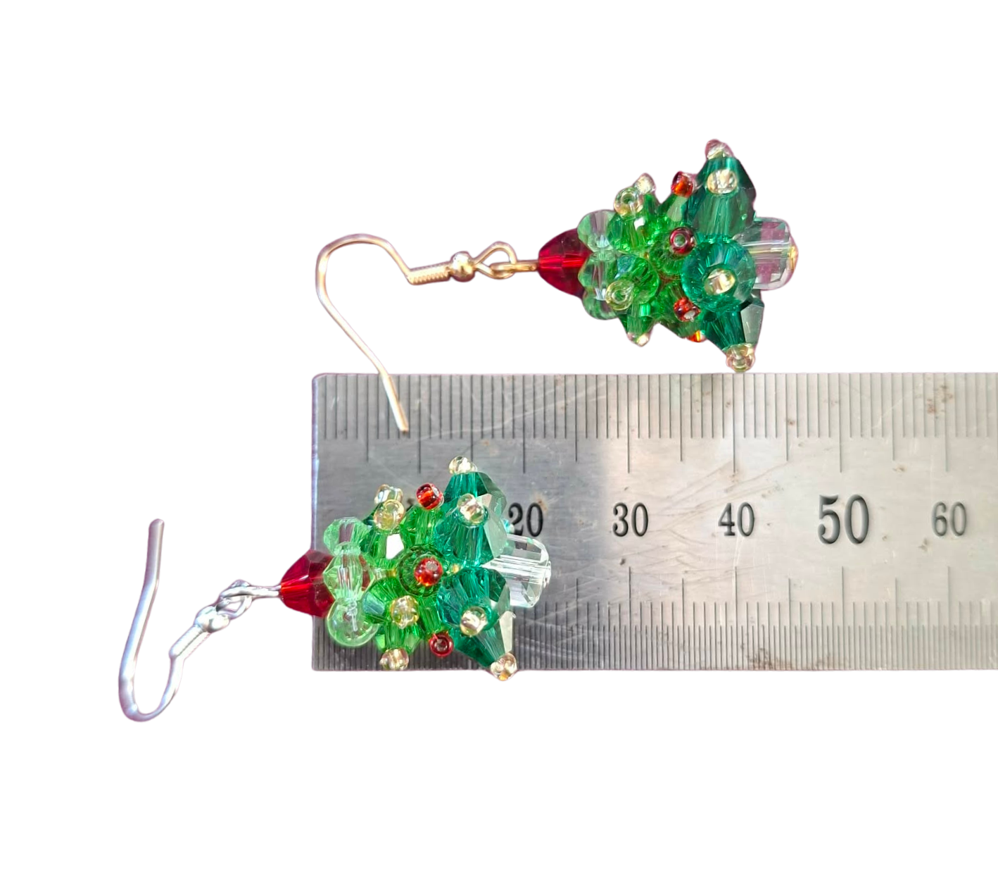 Crystal bead Christmas tree earrings - hand made