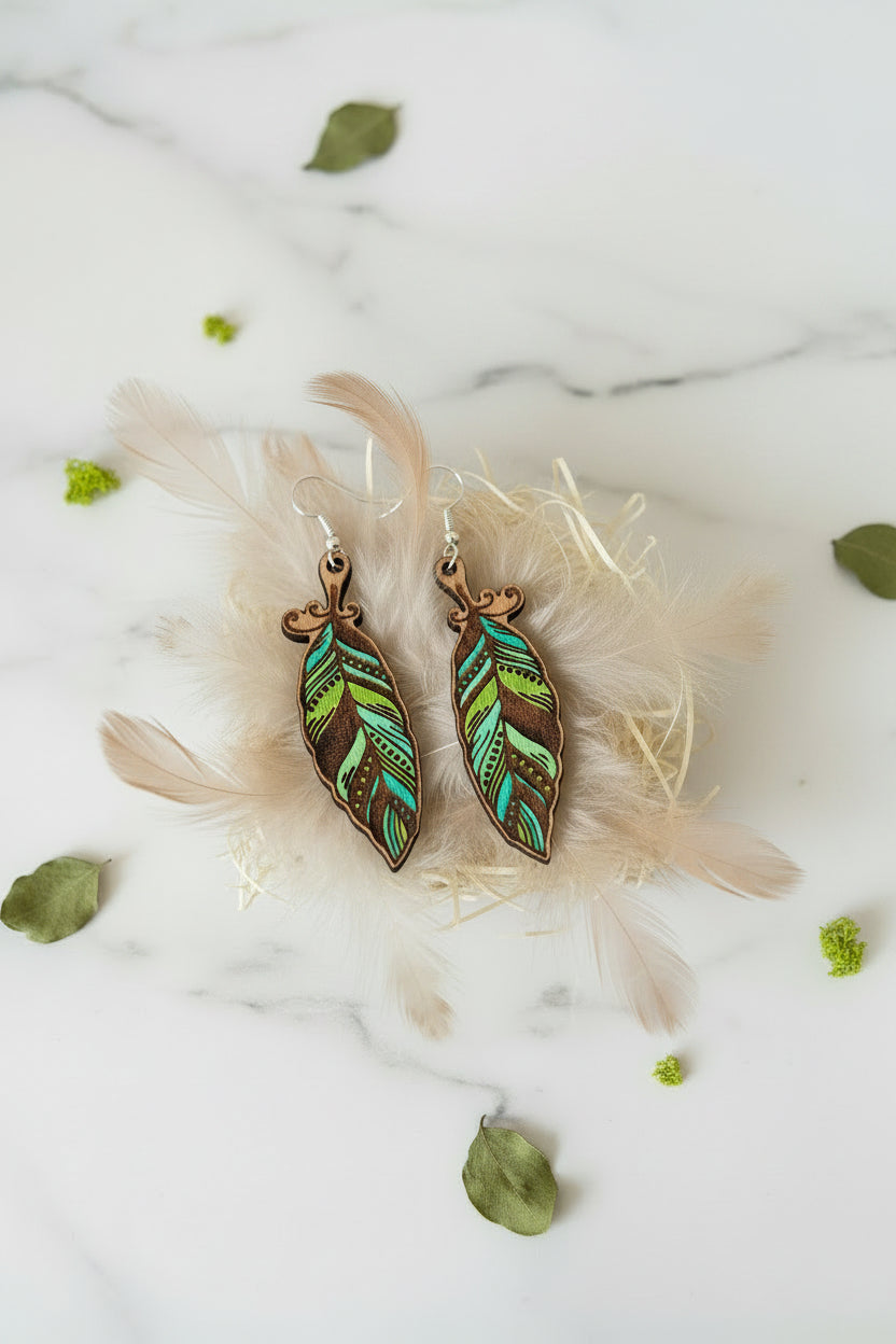 Handcrafted Wooden Feather Earrings – Hand Painted Nature Inspired Jewellery