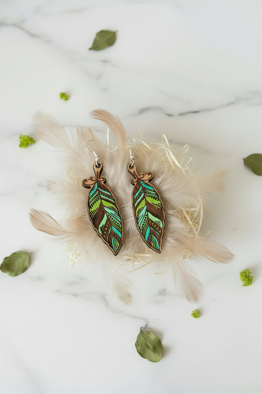 Handcrafted Wooden Feather Earrings – Hand Painted Nature Inspired Jewellery