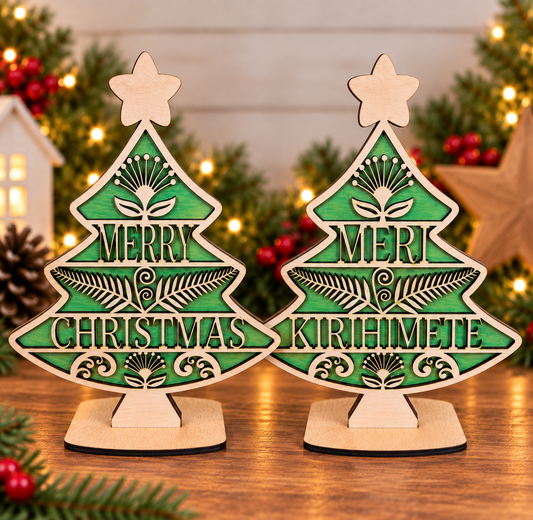 Double sided 30 cm table top tree - Merry Christmas/Meri Kirihimete