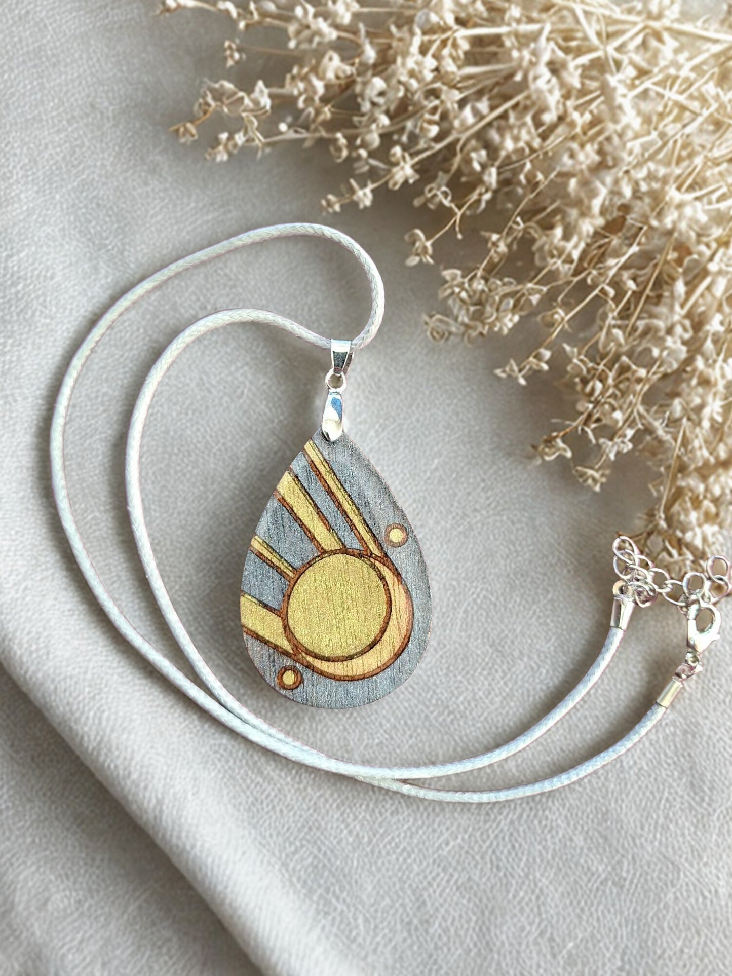 Hand painted wood and resin necklace and cord - gold and silver
