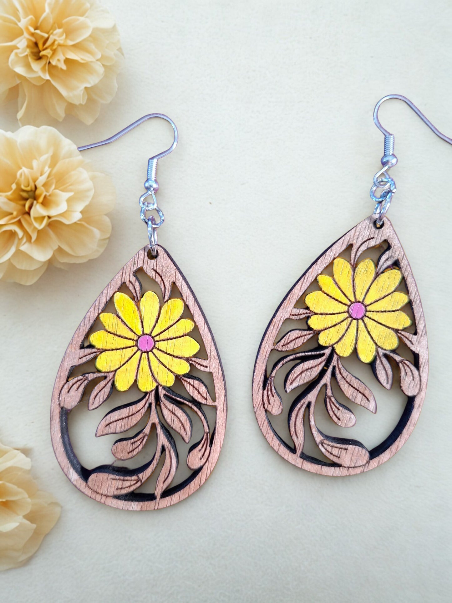 Wooden hand painted flower earrings