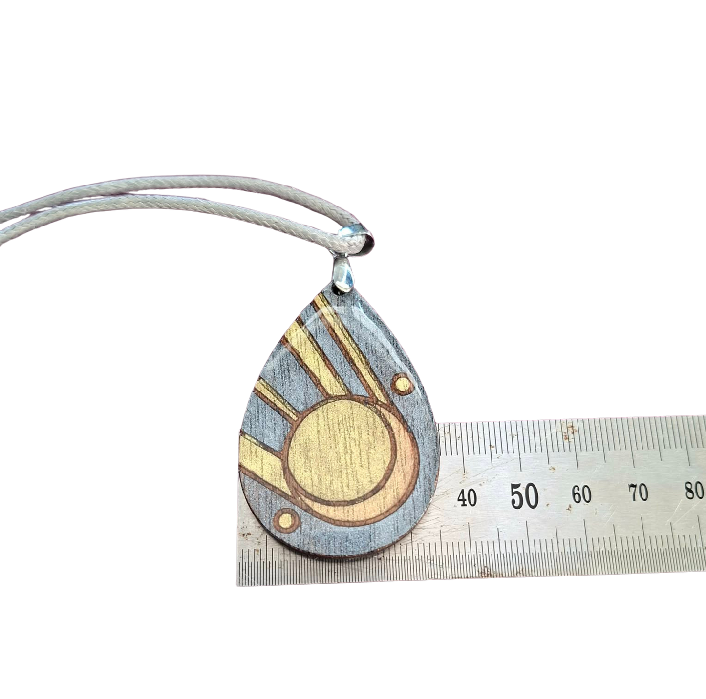 Hand painted wood and resin necklace and cord - gold and silver