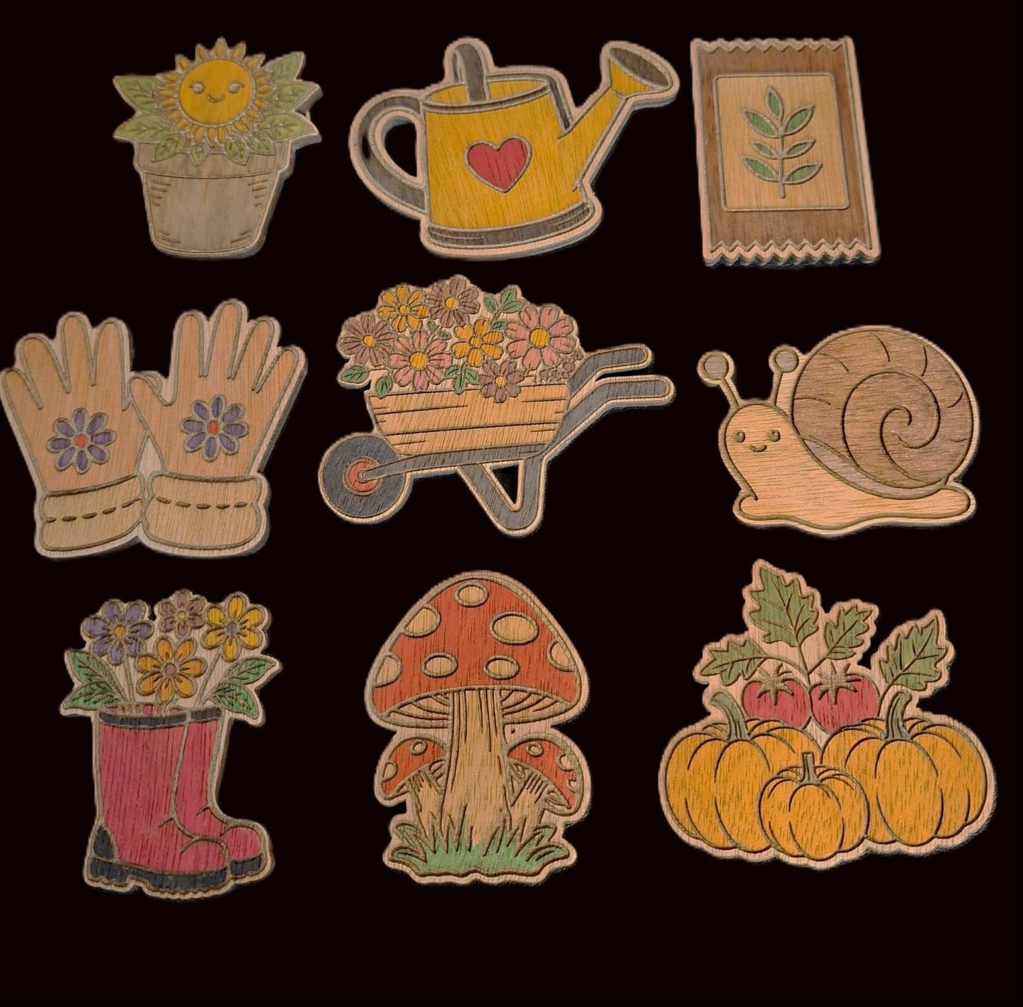 Set of 16 Hand-Painted Wooden Garden-Themed Magnets