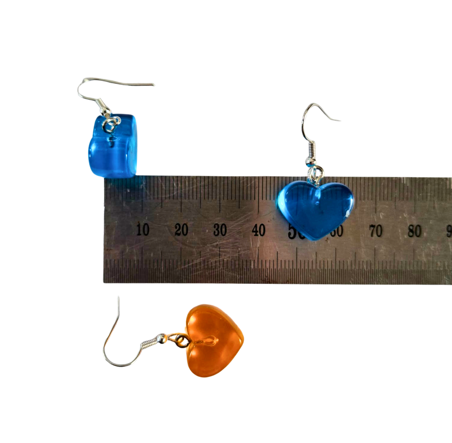 Bright orange or blue perspex hearts