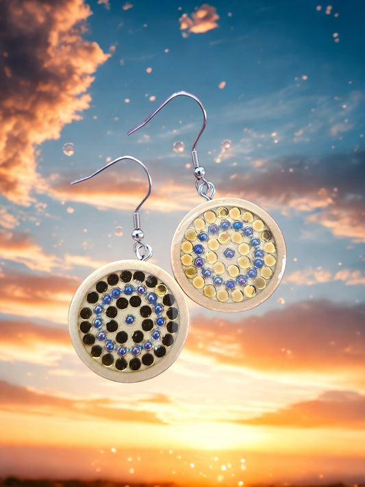 Wood and resin "bubble" earrings -blue and gold