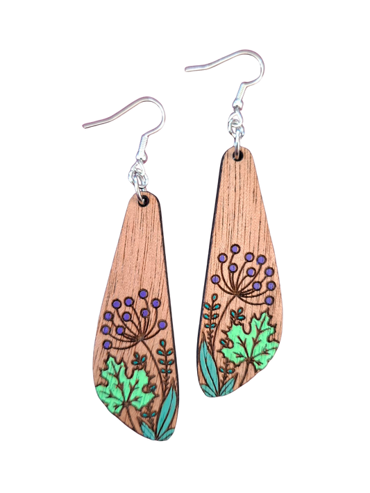 Wooden hand painted foliage earrings - 4 shapes to choose from