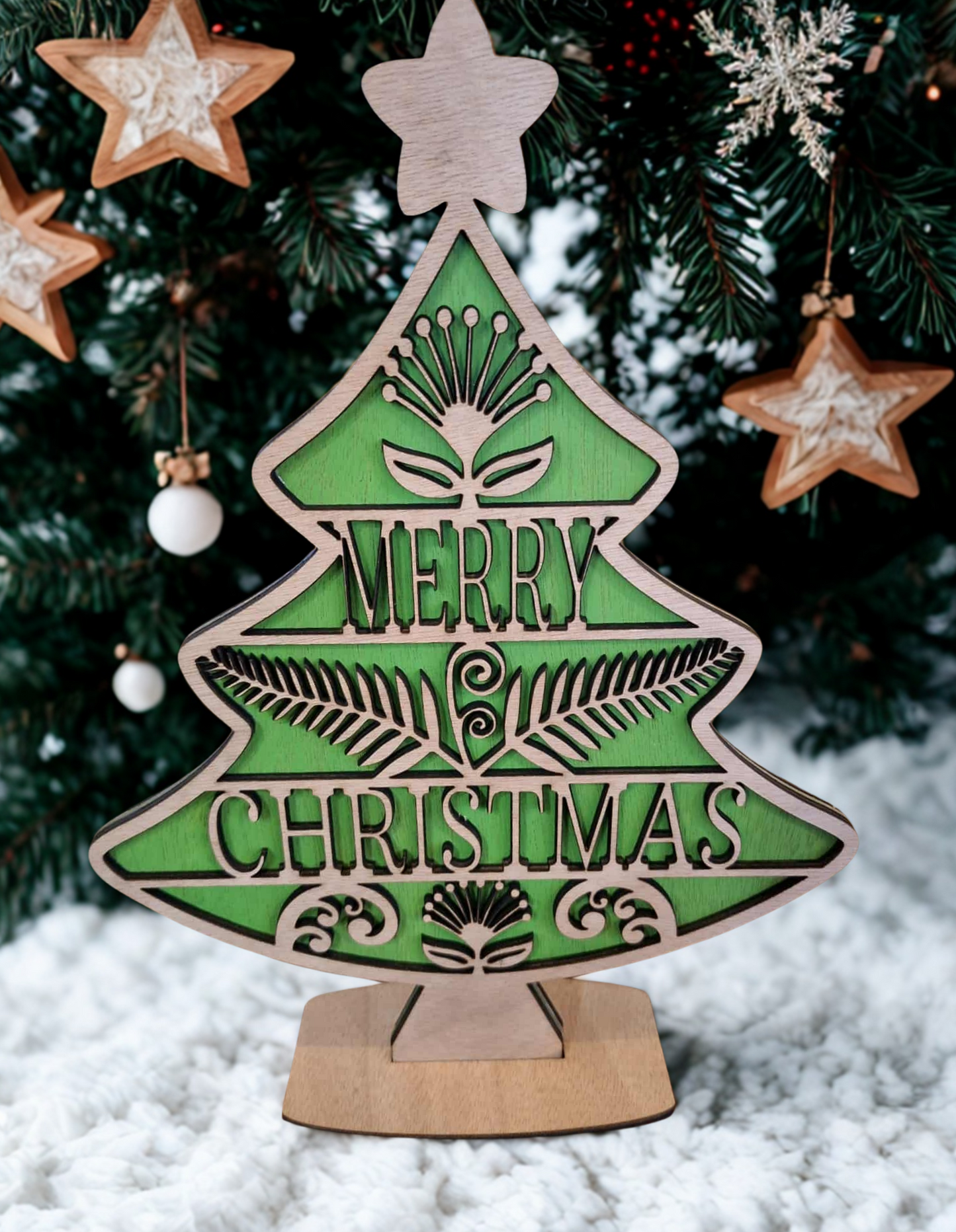 Double sided 30 cm table top tree - Merry Christmas/Meri Kirihimete