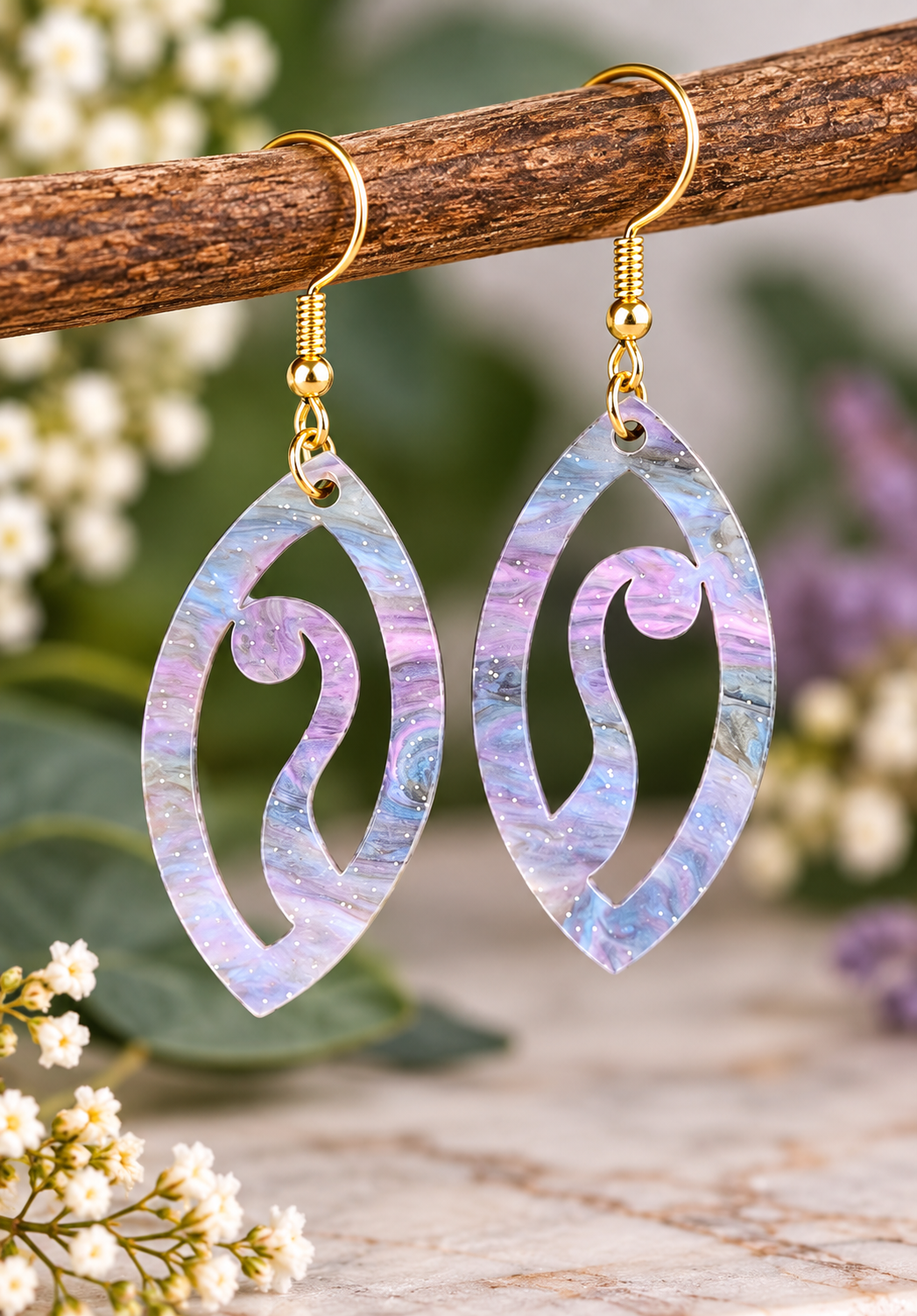Pastel purple, blue and pearlescent acrylic statement earrings with swirl cut-out design and gold-tone hooks, laser cut and made in New Zealand by Dopey Dog NZ.
