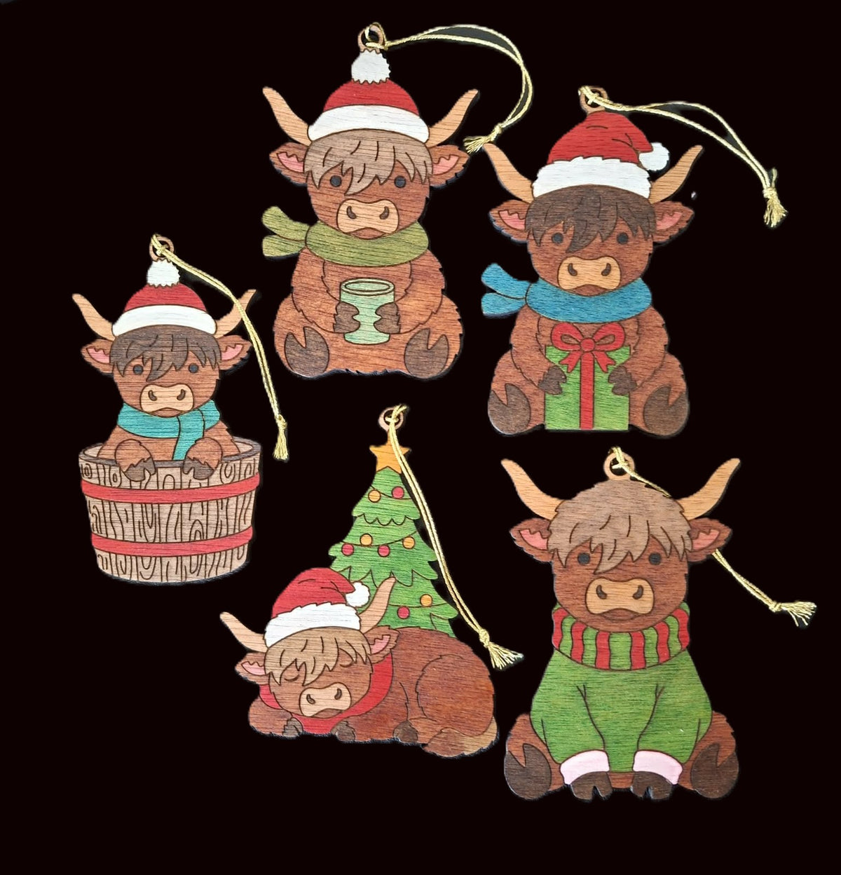 Highland cow - set of five hanging decorations