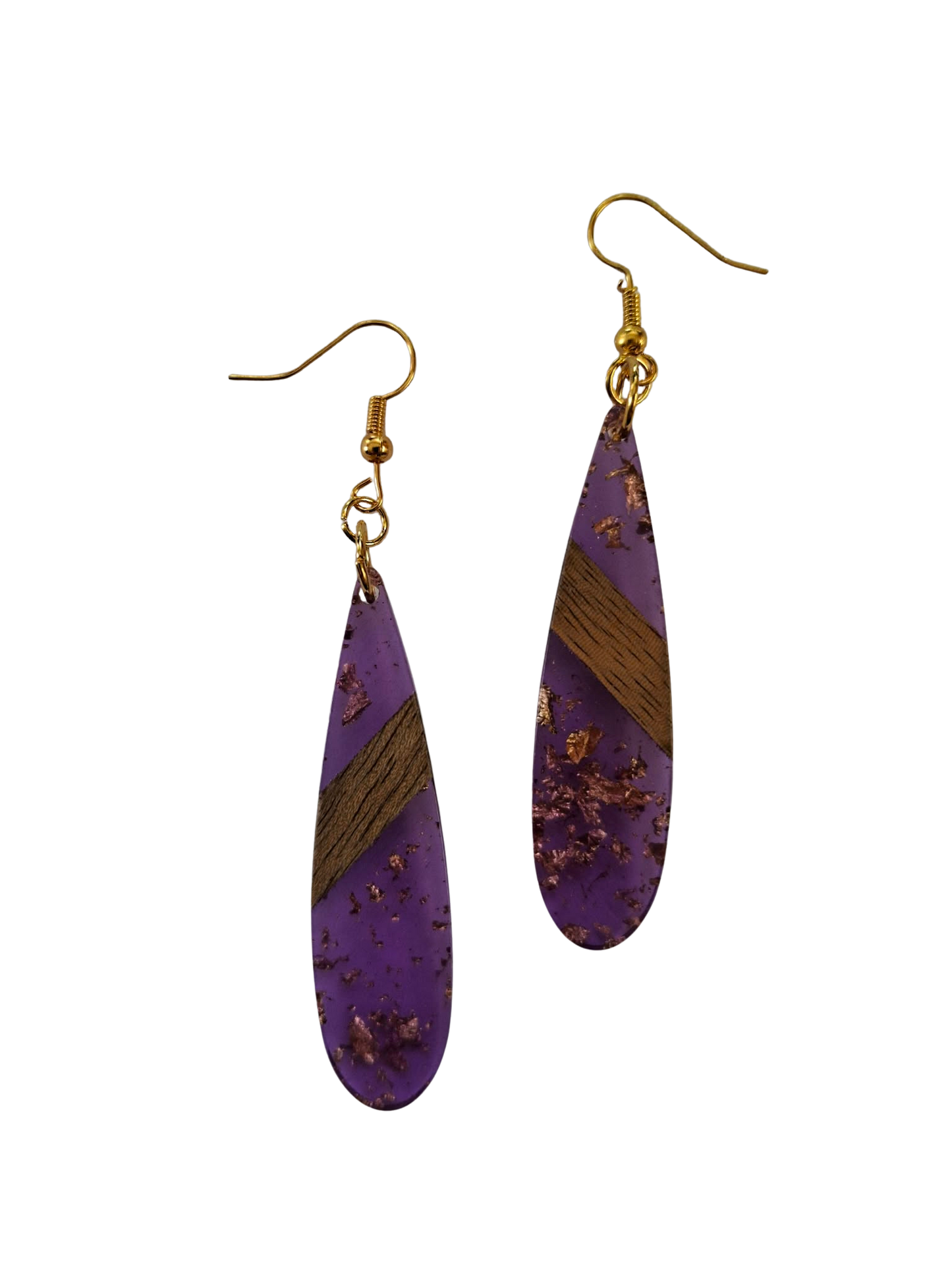 Glittery resin and wood drop earrings - purple