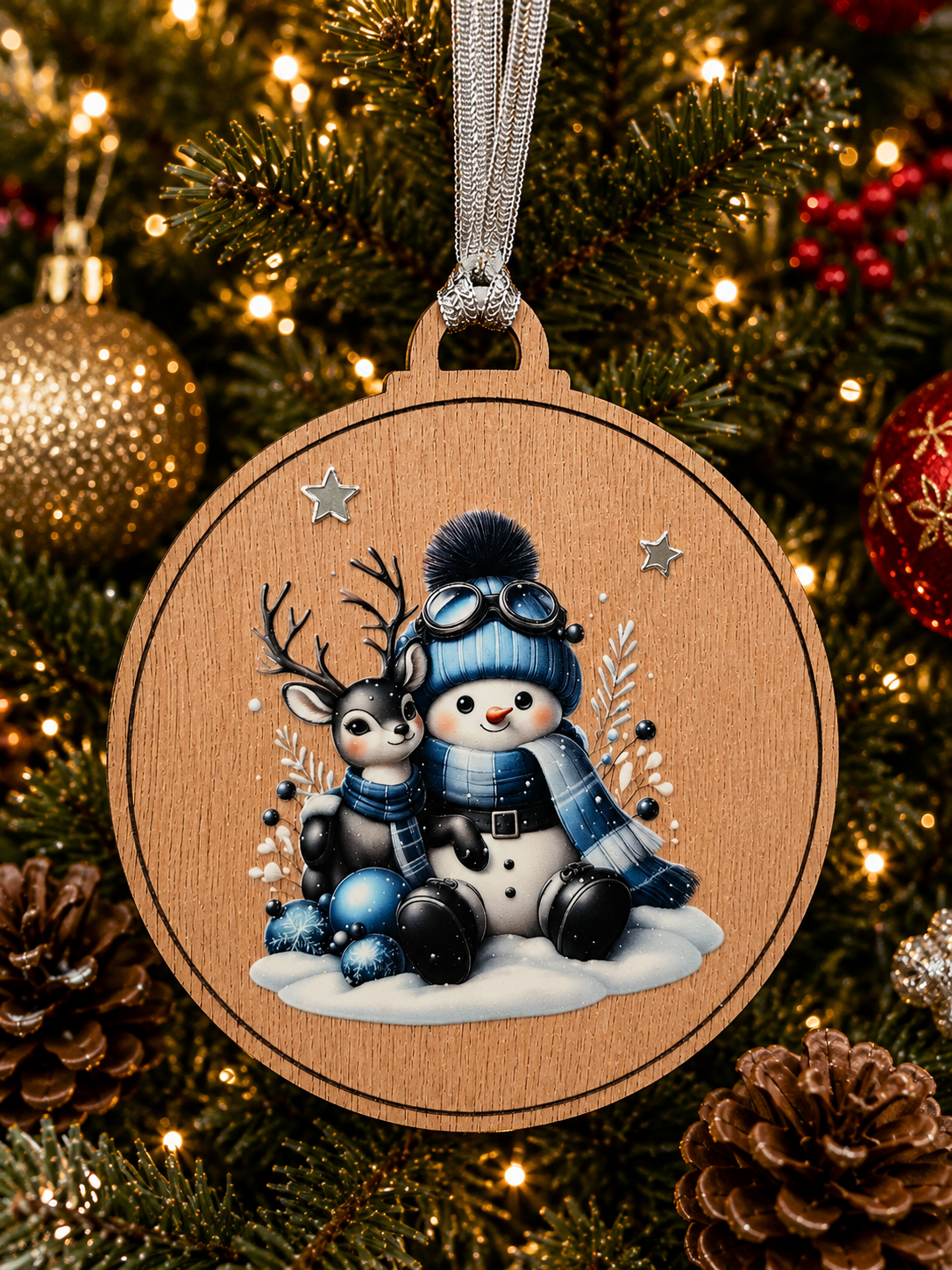 Blue Snowman with Deer Decoration