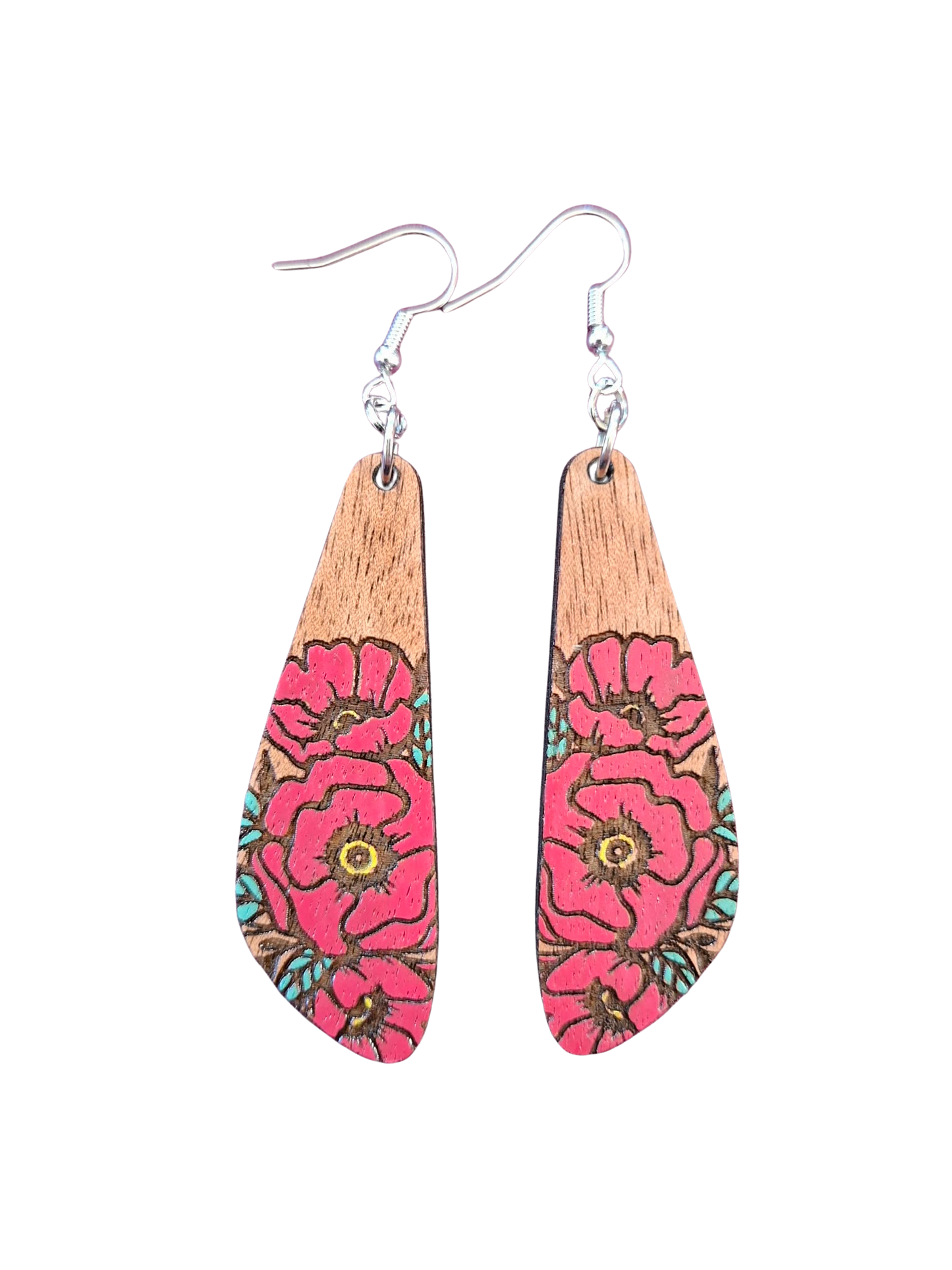 Wooden hand painted poppy earrings - 4 shapes to choose from