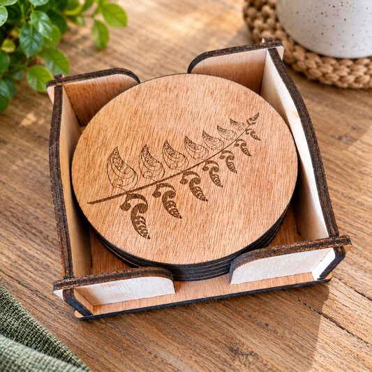 Stylised Fern Wooden Coaster Set – Set of 6 with Stand
