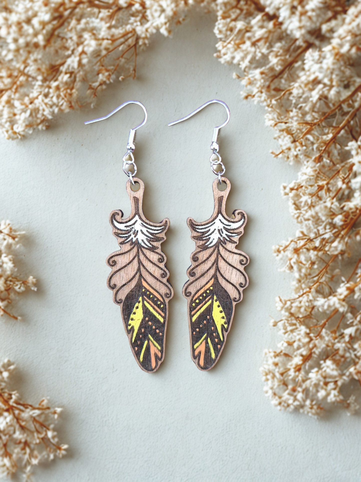 Feather earrings - hand painted wood