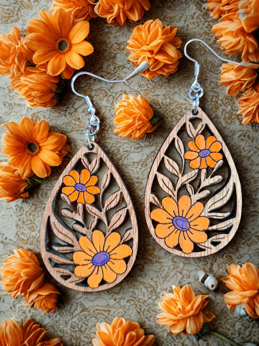 Wooden hand painted flower earrings