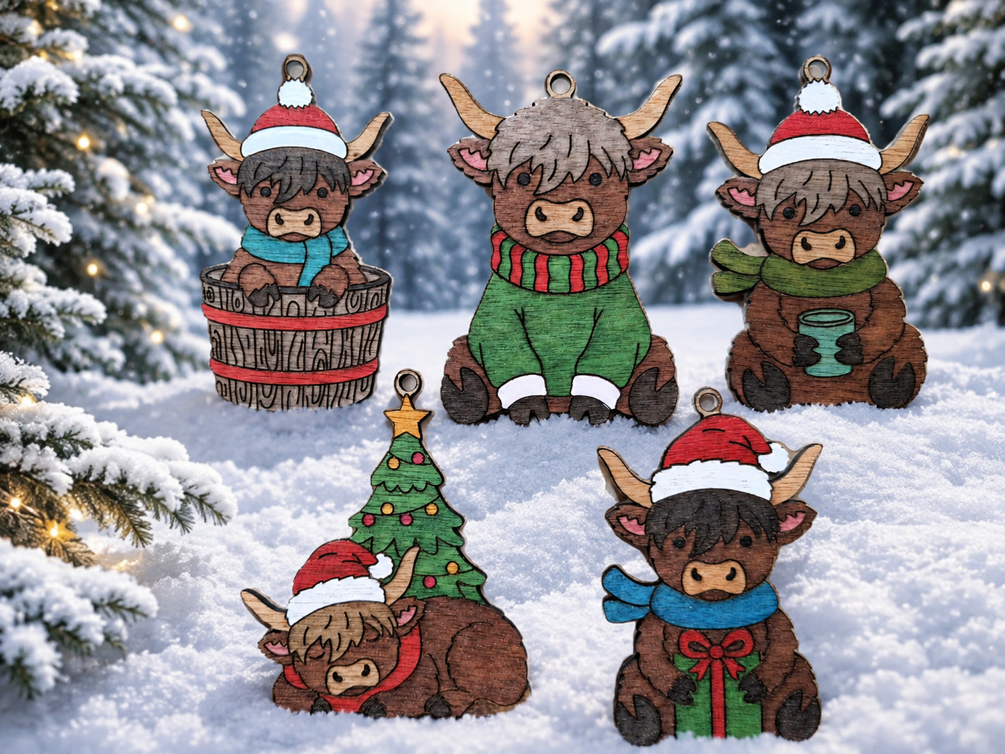 Highland cow - set of five hanging decorations