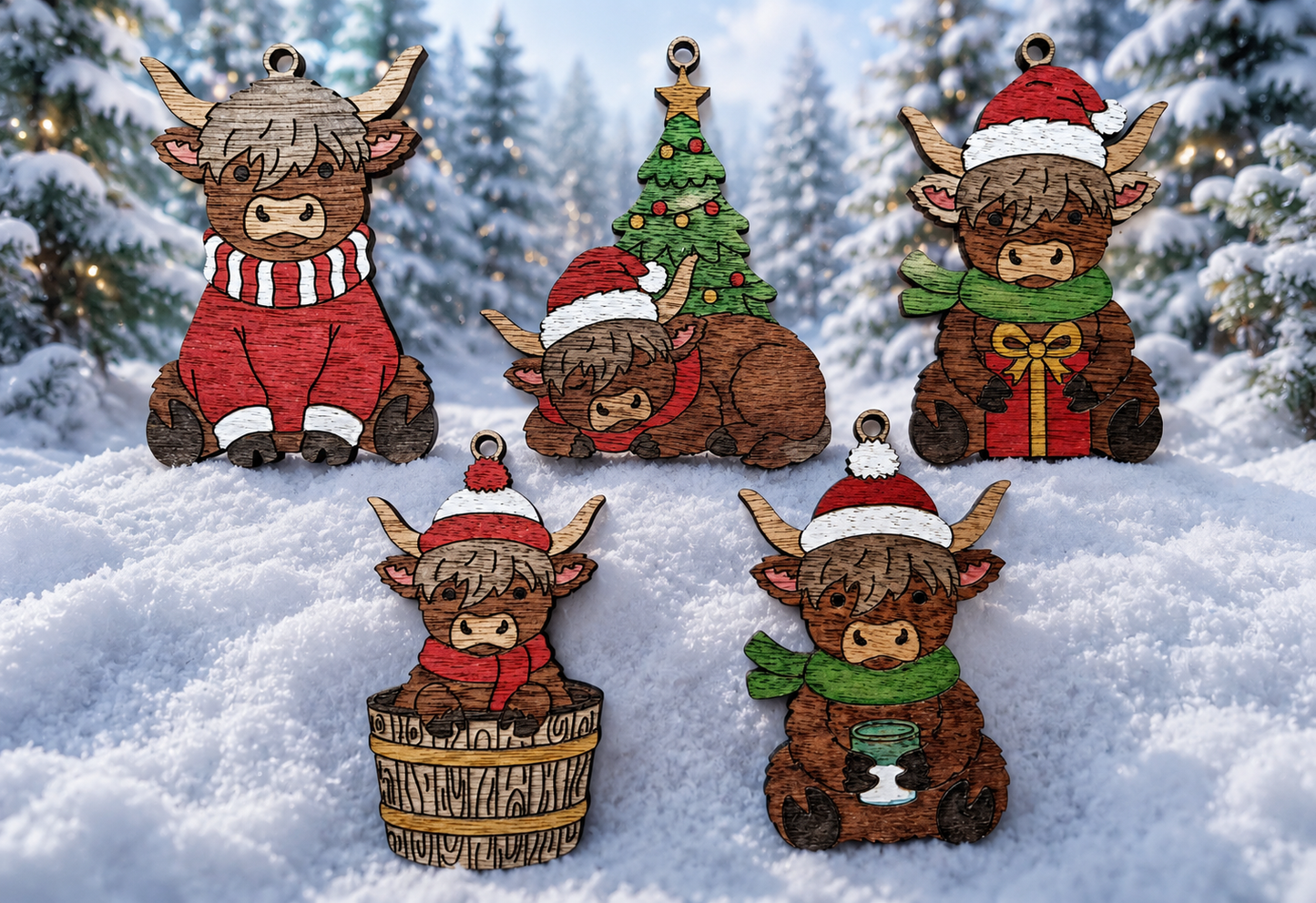 Highland cow - set of five hanging decorations