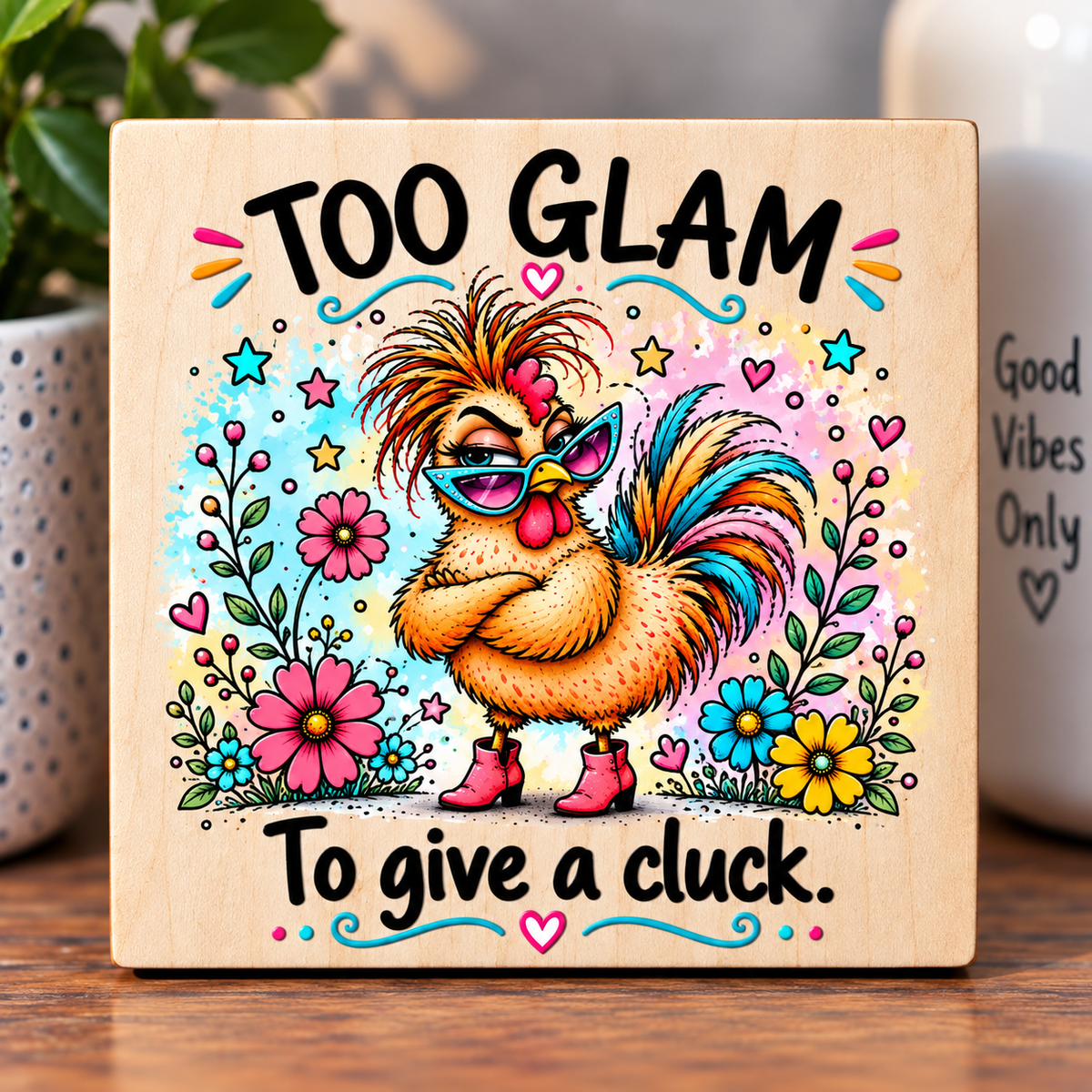 Too Glam To Give a Cluck – Funny Wooden Fridge Magnet