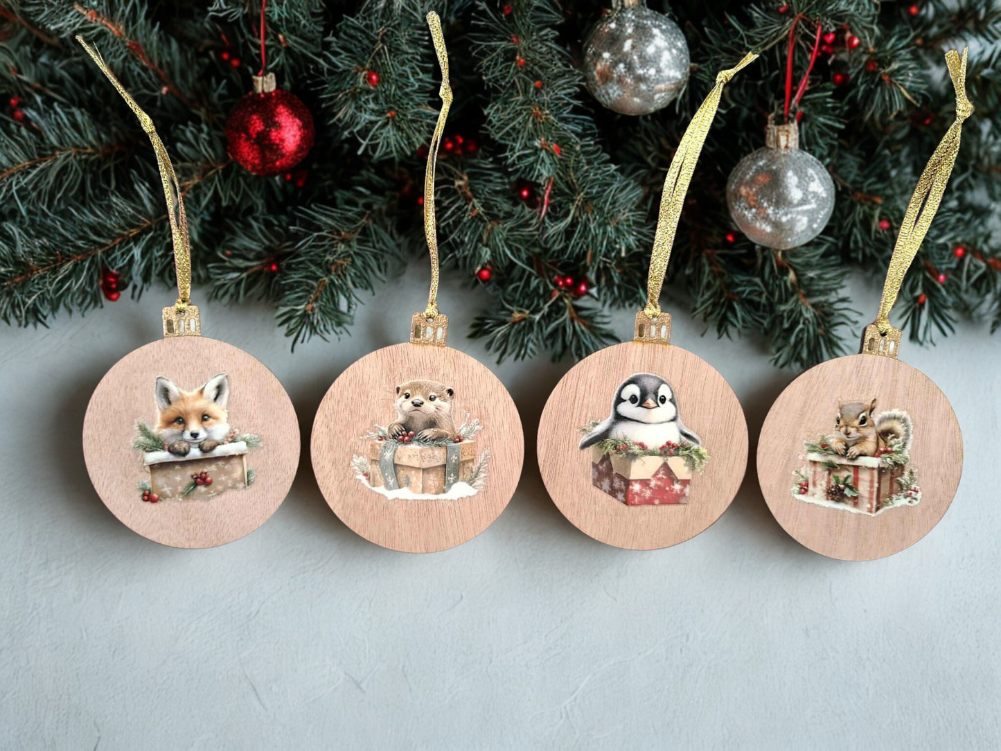 Set of four wooden cute animal Christmas decorations