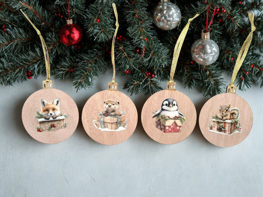 Set of four wooden cute animal Christmas decorations