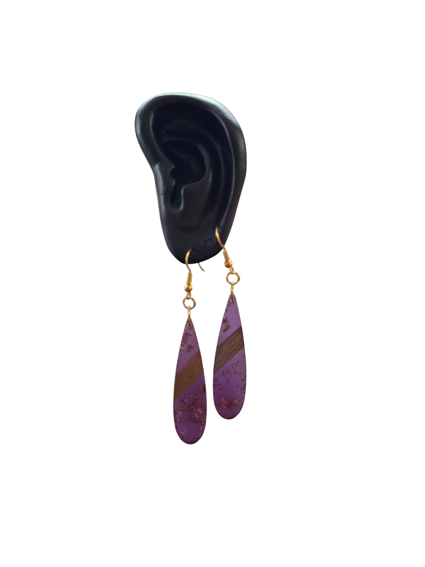 Glittery resin and wood drop earrings - purple