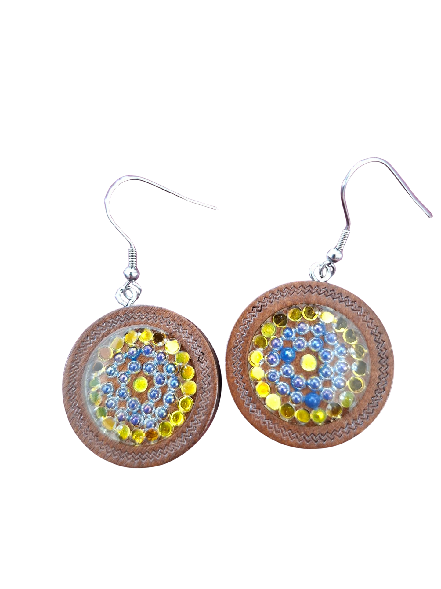 Wood and resin "bubble" earrings - gold and blue