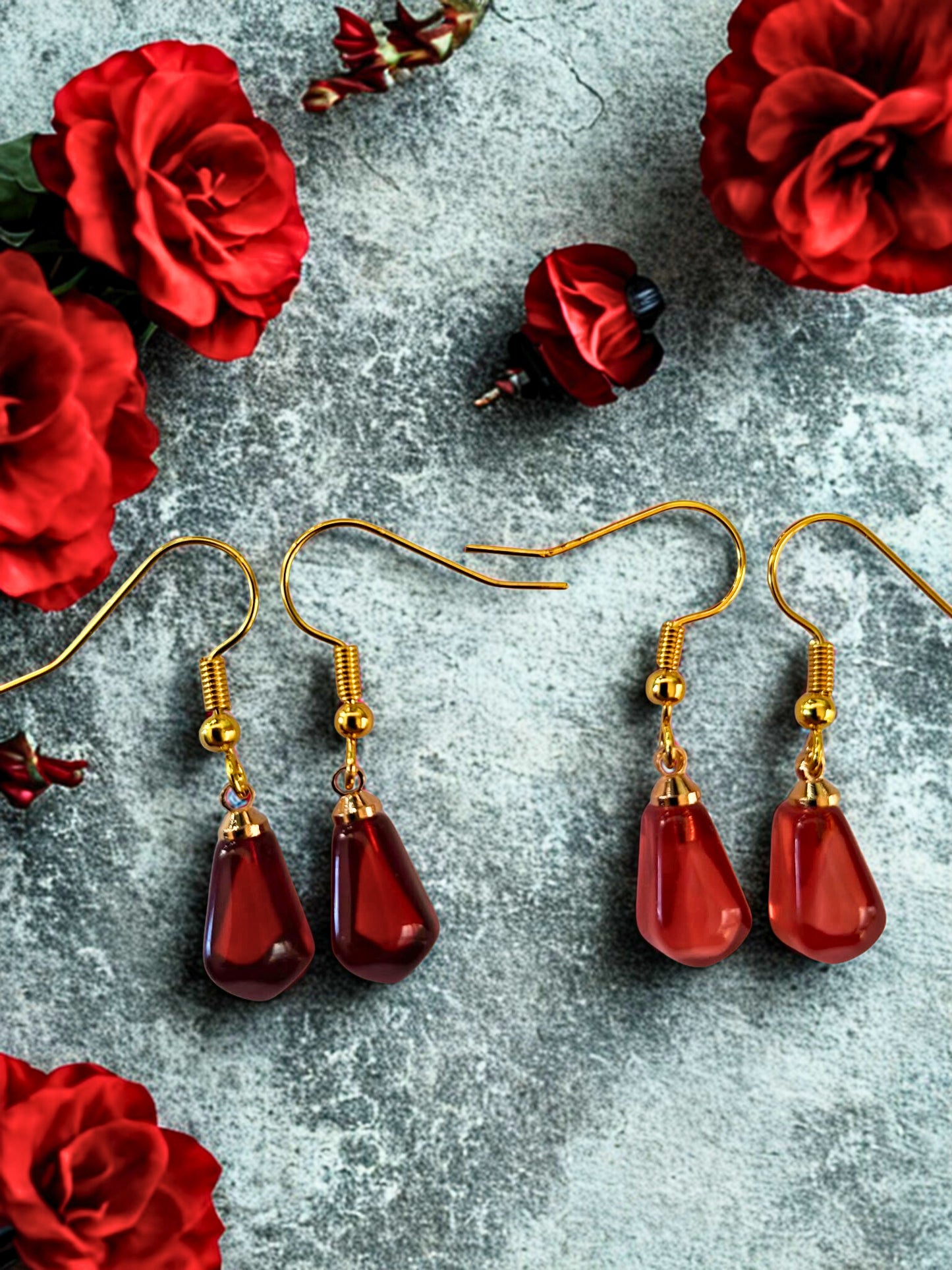 Resin faceted tear drop earrings - blood red or pink red