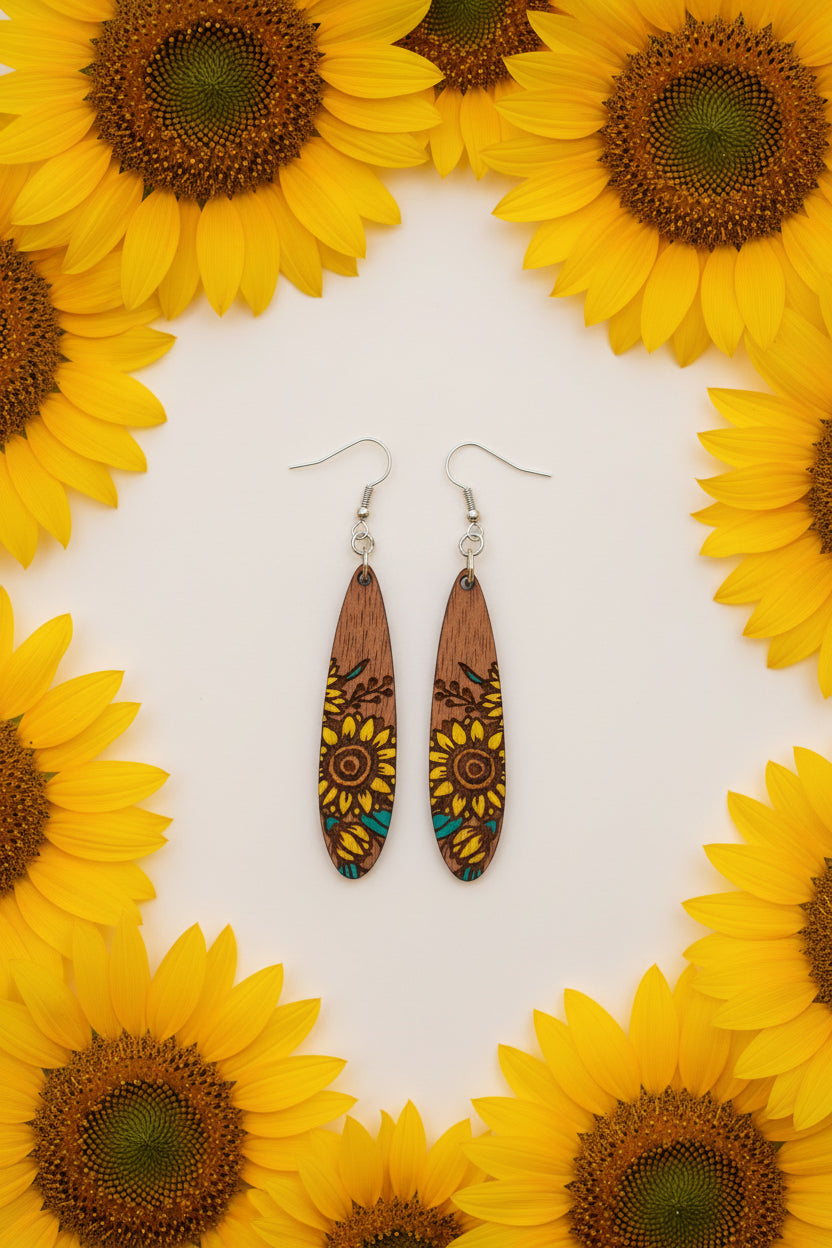 A pair of wooden dangle earrings with engraved sunflower designs, featuring yellow, brown, and teal details, hanging from silver fishhook wires on a dark textured surface.