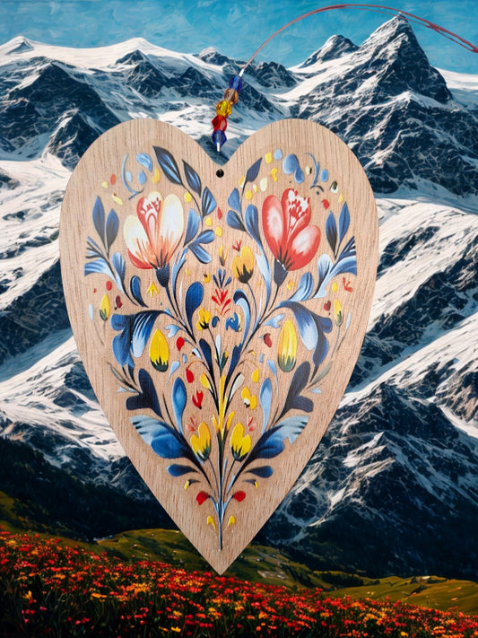 Hanging wooden heart with flowers
