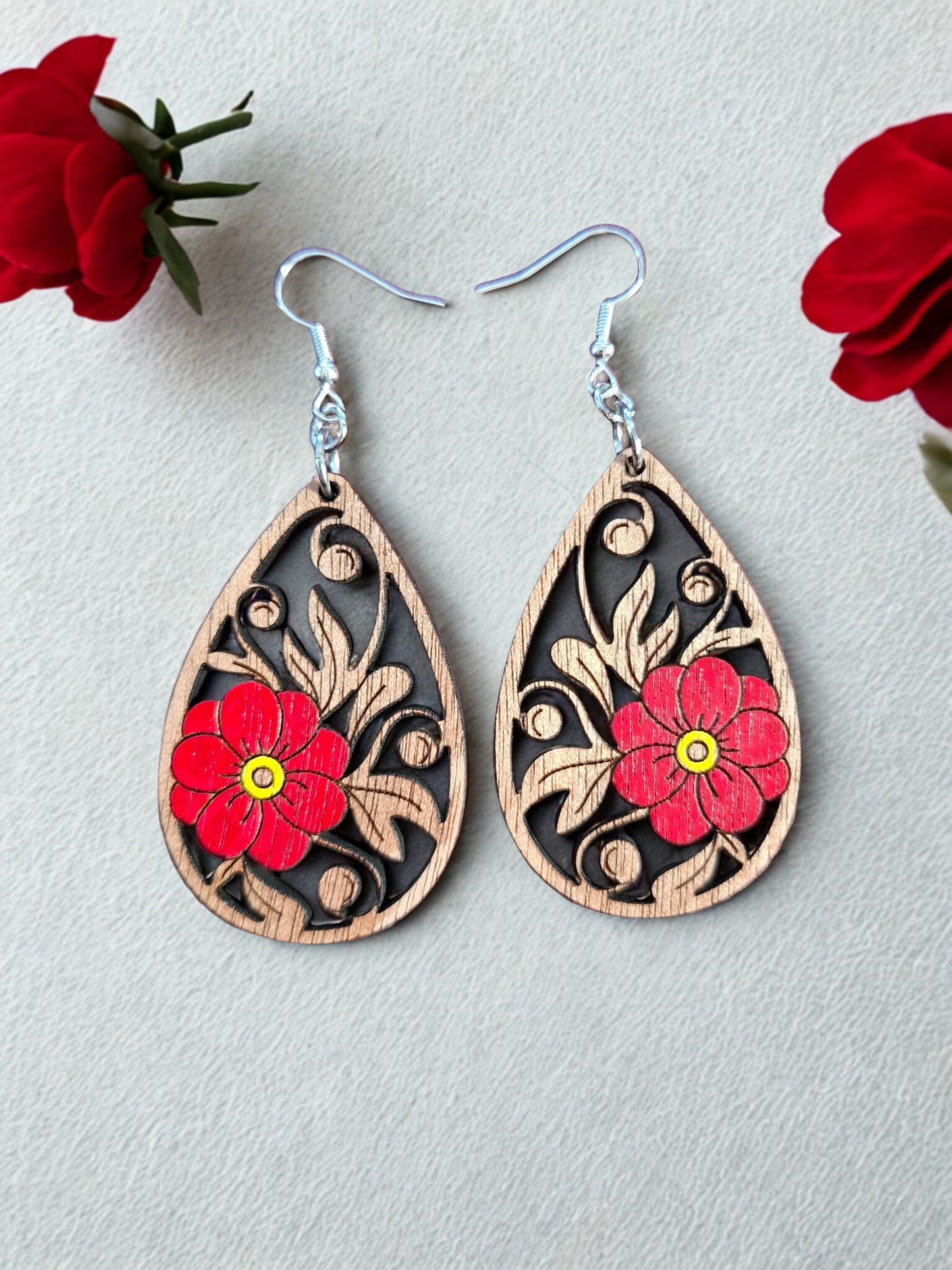 Wooden hand painted flower earrings